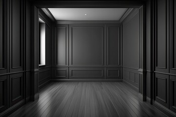 Interior of a modern classic black vacant space with wooden flooring and wall panels generative ai