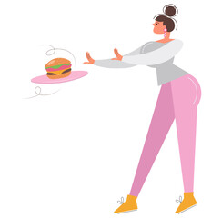 Vector character fitness beautiful girl standing refuses fast food Sports woman chooses a healthy lifestyle and balanced diet The concept of self-control, life change, choice of health and good habits