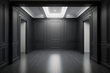 Interior of a modern classic black vacant space with wooden flooring and wall panels generative ai