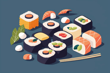 Sushi rolls illustration on blue background