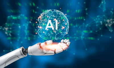 robot hand touching digital world and virtual graphic interface and artificial intelligence AI, Machine learning, big data network connection 3D rendering.