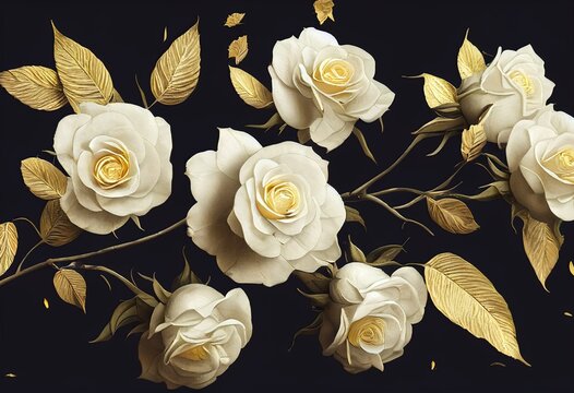 Delicate golden roses on black background