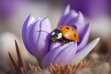 Close up of ladybug on blooming purple crocus flower in snow. Spring season. Generative AI