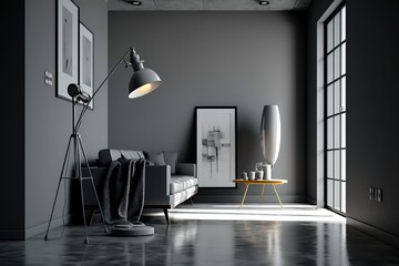 Modern grey interior with black floor lamp