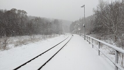 Verschneiter Dorf-Bahnhof im Winter