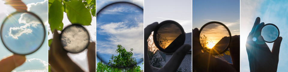 Collage polarizing filter for the camera lens in photography. Horizontal format