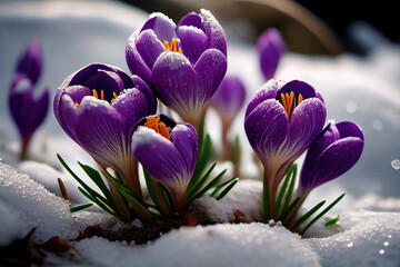 Purple crocus flower surrounded by snow, with a raindrop falling onto the flower. Spring season. Generative AI