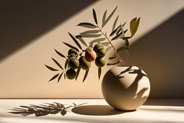 Modern summer still life photo, Beige ball shaped vase with green olive tree branch in sunlight with long shadows generative ai