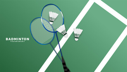 Badminton racket with white badminton shuttlecock on white line on background ,Illustrations for use in online  badminton sporting events  ,  illustration Vector EPS 10 - obrazy, fototapety, plakaty