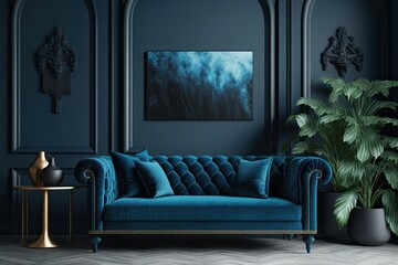 Premium livingroom in blue tones trend. Empty wall for art blank background. Large dark blue couch with navy walls. Luxury lounge room design or reception hall or office space generative ai