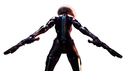 A beautiful sexy girl with a blonde square is standing epically with two pistols at the ready in a black cybernetic suit with a spine on her back and a lot of glowing sensors 2d digital art