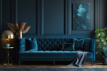 Premium livingroom in blue tones trend. Empty wall for art blank background. Large dark blue couch with navy walls. Luxury lounge room design or reception hall or office space generative ai