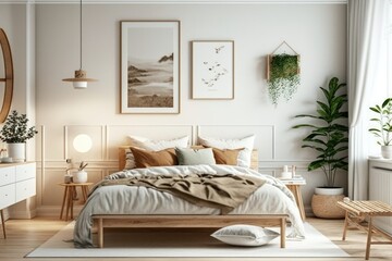 Scandinavian style bedroom mockup with natural wood furniture and a beige color scheme generative ai