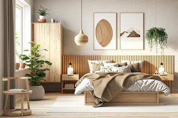 Scandinavian style bedroom mockup with natural wood furniture and a beige color scheme generative ai