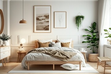 Fototapeta na wymiar Scandinavian style bedroom mockup with natural wood furniture and a beige color scheme generative ai