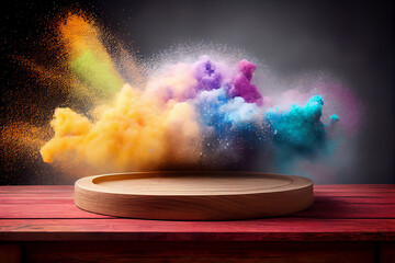 Product display podium with colorful powder paint explosion. Generative ai