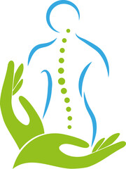 Hände und Person, Wirbelsäule, Chiropraktiker, Orthopädie und Massage Logo, Hintergrund
