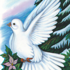 A white dove on fir tree background painting