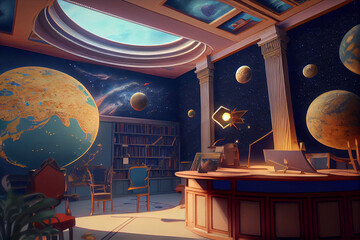 Fantasy astronomer room, astronomer kids room interior, generative ai