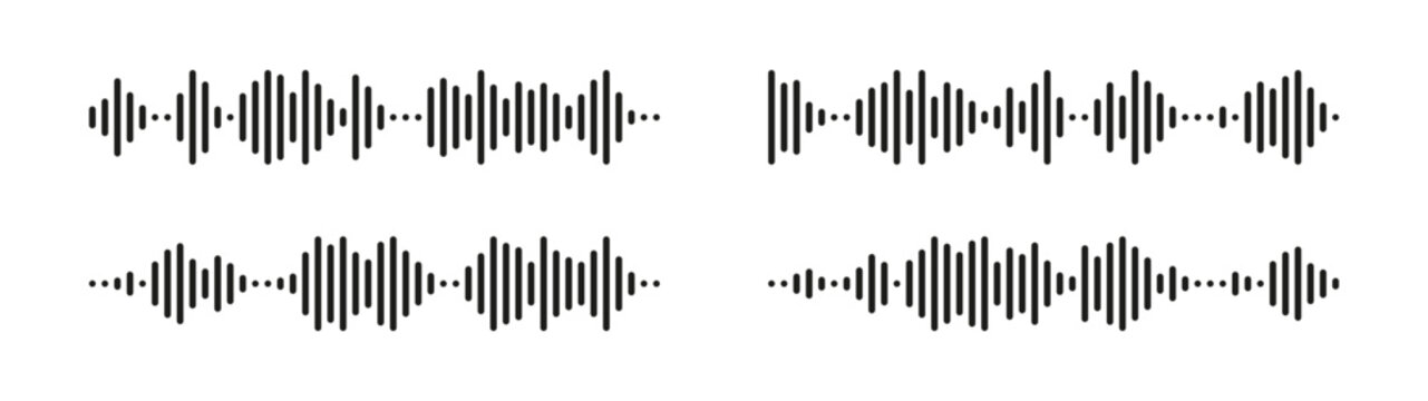 Music sound waves. Set of 4 black audio waves. Isolated vector and PNG illustration on transparent background.