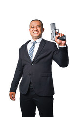 A bodyguard wearing a black suit holds a pistol. On transparent background, PNG file.