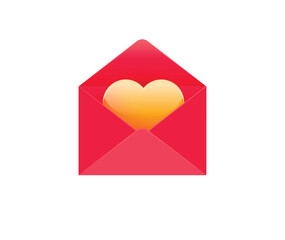 Yellow heart in the red envelope icon design for dating apps. Valentine's day vector illustration. 