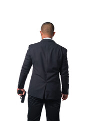 A bodyguard wearing a black suit holds a pistol. On transparent background, PNG file.