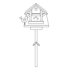 Bird feeder with bird, black line drawing, doodle isolated on white background.