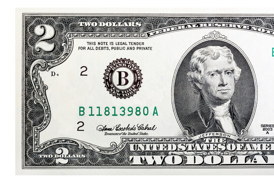 Large fragment of the Obverse side of 2 two dollars bill banknote series 1976 with the portrait of president Thomas Jefferson, old American money banknote, vintage retro, United States of America - Powered by Adobe