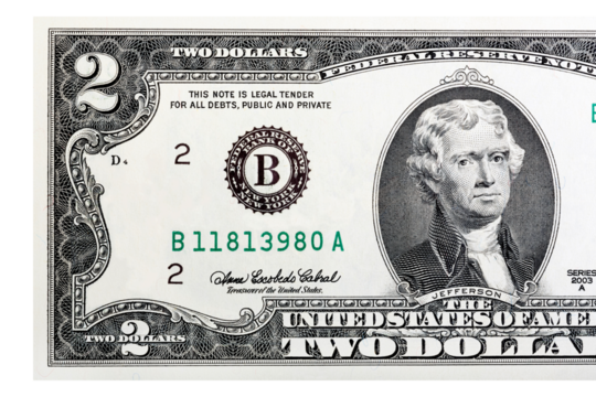 Large fragment of the Obverse side of 2 two dollars bill banknote series 1976 with the portrait of president Thomas Jefferson, old American money banknote, vintage retro, United States of America