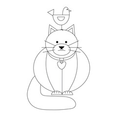 Obraz premium Fat cat with a small bird on his head, black line drawing, doodle isolated on white background.