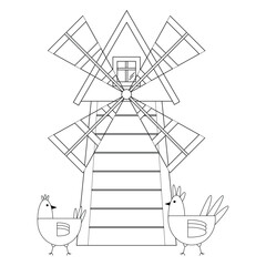 Mill with chickens passing by, black line drawing, doodle isolated on white background.