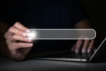 businessman use search magnifying icon search on virtual screen or AI search engine data science data search technology for explore information with smart computer laptop