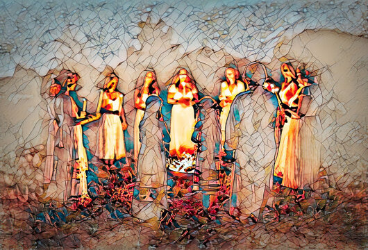 Women at the night ceremony. Ceremony space. Painting effect.