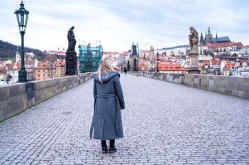 Young Beauty Woman Walking In Old Prague City
