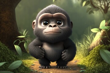a cute adorable gorilla character  stands in nature in the style of children-friendly cartoon animation fantasy generative ai 3D style Illustration 	 - obrazy, fototapety, plakaty