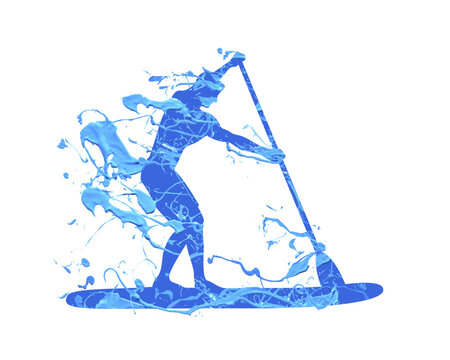 Supboarding vector icon. Man on sup board silhouette of blue paint