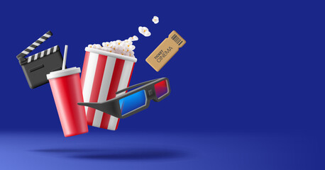3D dynamic elements for online cinema advertising. Popcorn, soda, 3D glasses on a dark blue background. For design concepts.
