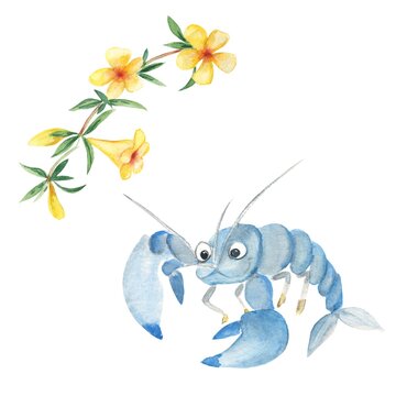 Cute yabby and yellow bell, alamanda, isolated on white background. Watercolor hand drawn illustration. Perfect for kid card, decalls, scrapbooking.