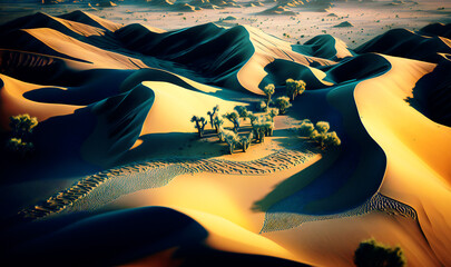 Aerial view of a desert landscape with sand dunes