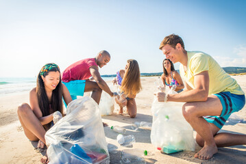 Group of young multiethnic volunteers collecting plastic on the beach for recycling and save the...
