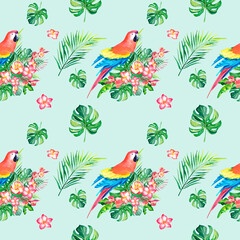 A pattern of tropical macaws. Watercolor illustration. Monstera. Plumeria. Home decoration. Rainforest.