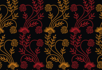 Embroidery floral stitches seamless pattern vector illustration, flower embroidery designs fashion vector design, textile print design