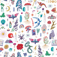 Mystical nature, objects, animals vector seamess pattern.