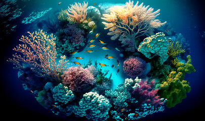 Aerial shot of a coral reef and marine life in the ocean