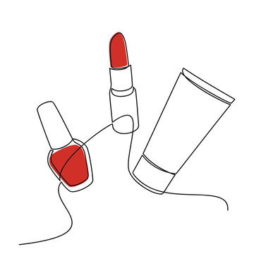 recommend clip art: Nail polish, red lipstick and cream tube vector one line continuous drawing. Hand drawn linear silhouette icon. Minimal design, make up print, cosmetic banner, card, poster, brochure, beauty logo.