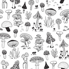 Mushrooms mystical forest vector seamless line pattern.