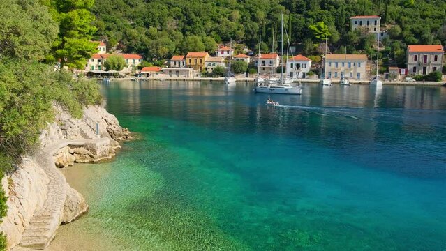 Picturesque Kioni fishing village on Ithaca island, Ionian sea, Greece.