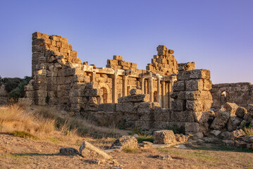 View of Side Agora (State Agora) in the ancient town Side in Manavgat at sunset. Оne of the most attractive cultural tourism showplace in Antalya (Turkey).