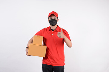 Delivery man employee in red cap blank t-shirt uniform